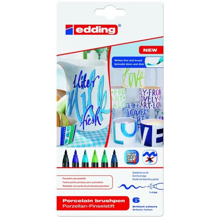 Porslinspenna brush pen Edding 6-set kalla färger
