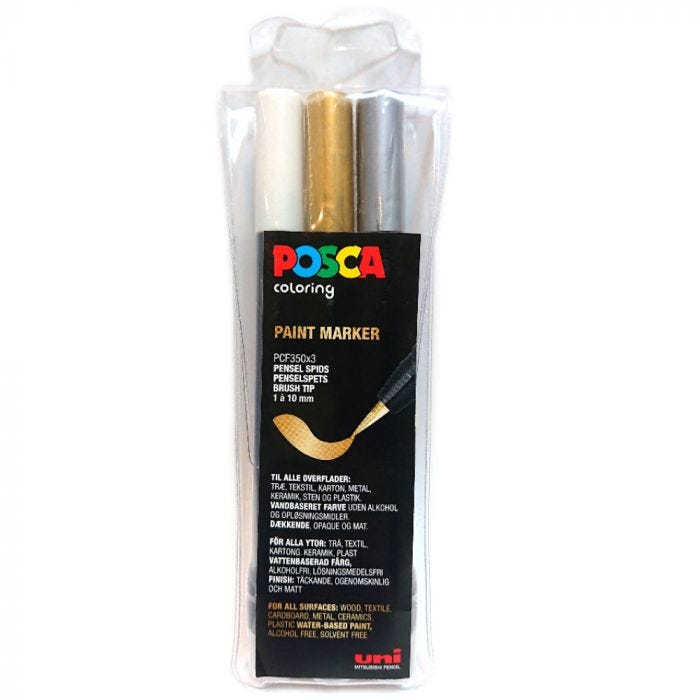 POSCA marker F350 Brush guld/silver/vit 3-set
